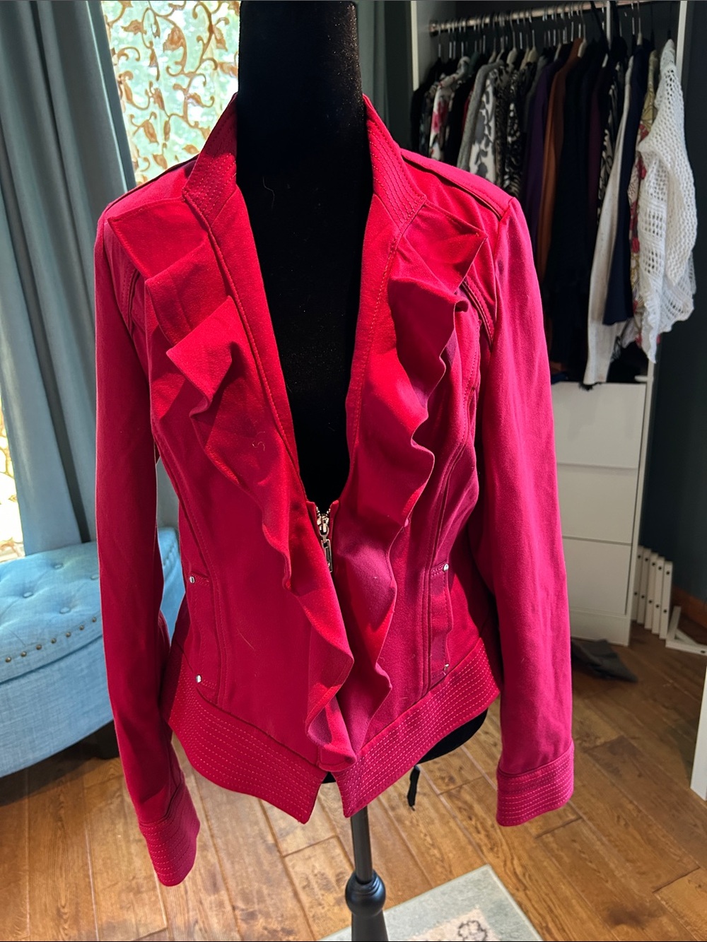 White House Black Market Ruffled Zip-Front Jacket — Hot Pink